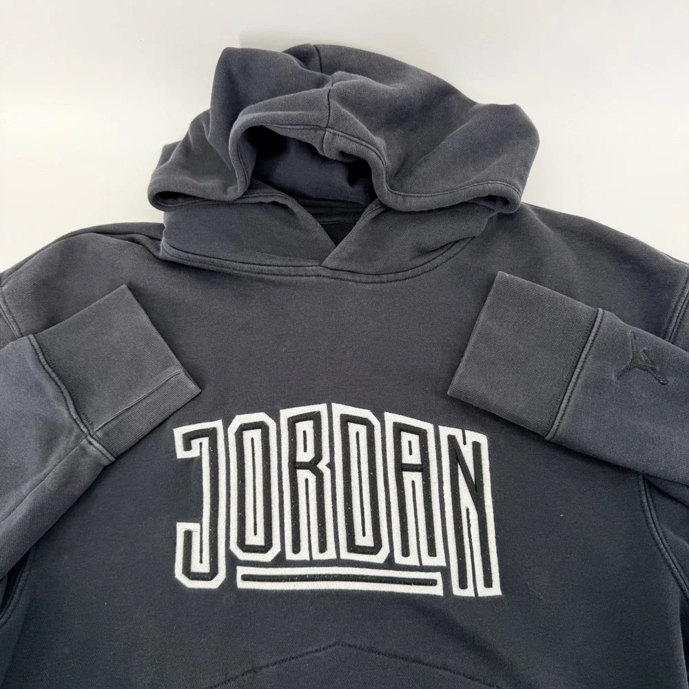 Jordan Flight Fleece Pullover Hoodie Embroidered Logo Faded Black Mens Size M